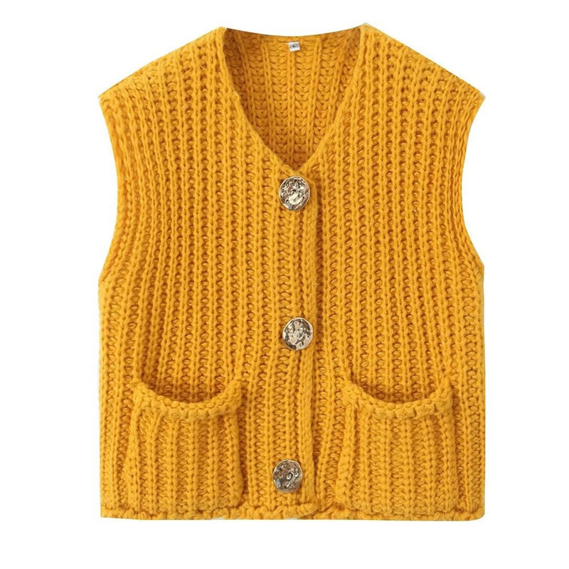 Women's Plain Button Front Pocket Sleeveless Cardigan