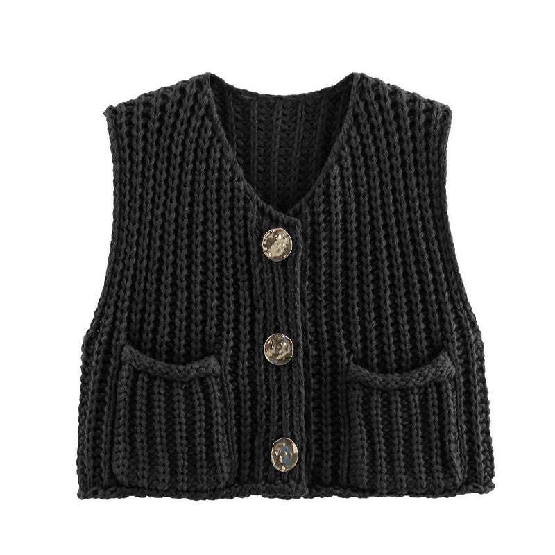 Women's Plain Button Front Pocket Sleeveless Cardigan