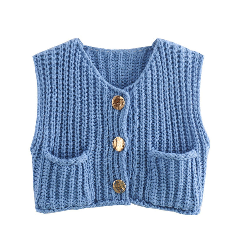 Women's Plain Button Front Pocket Sleeveless Cardigan