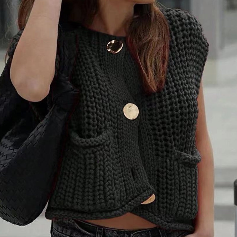 Women's Plain Button Front Pocket Sleeveless Cardigan