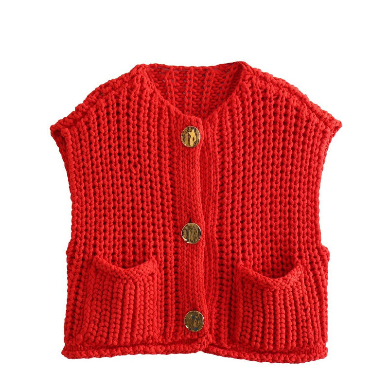 Women's Plain Button Front Pocket Sleeveless Cardigan