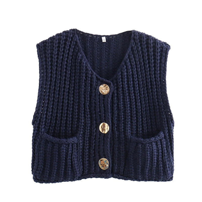 Women's Plain Button Front Pocket Sleeveless Cardigan