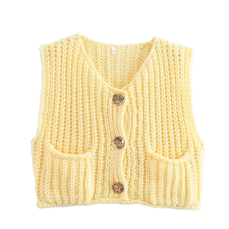 Women's Plain Button Front Pocket Sleeveless Cardigan