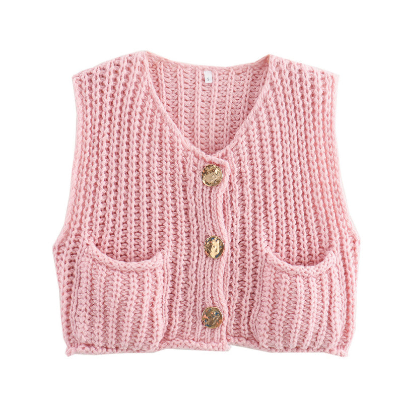 Women's Plain Button Front Pocket Sleeveless Cardigan