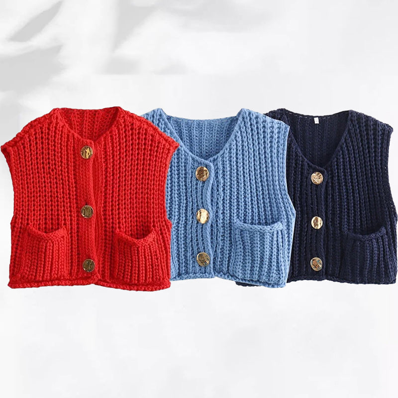 Women's Plain Button Front Pocket Sleeveless Cardigan
