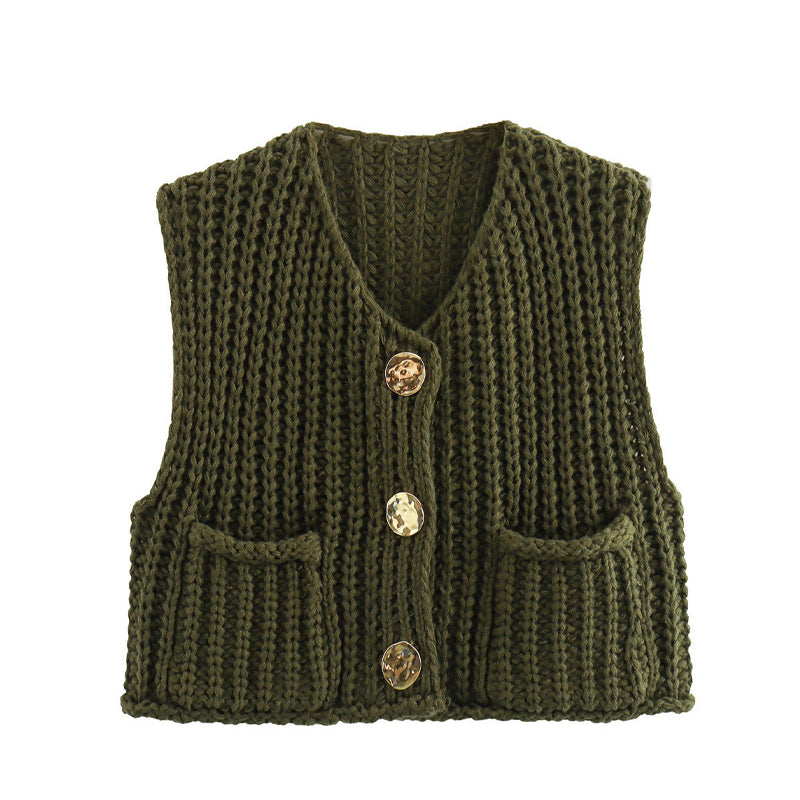 Women's Plain Button Front Pocket Sleeveless Cardigan