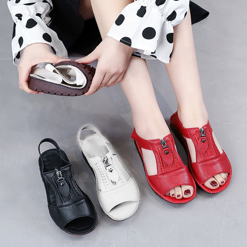 Zipper Flat Soft Leather And Sole Comfort Sandals