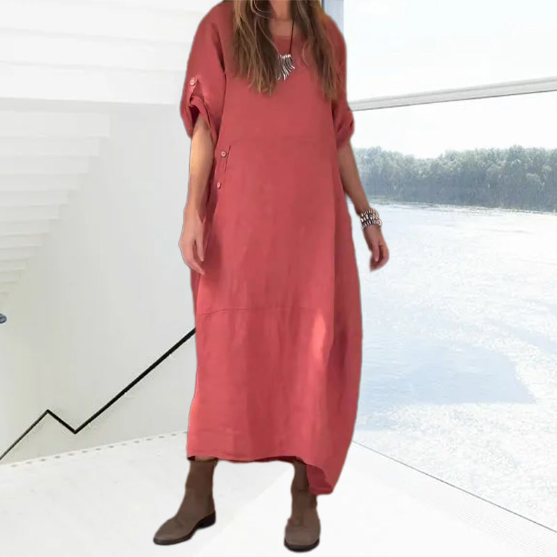 Women's Cotton And Linen Side Button Dress