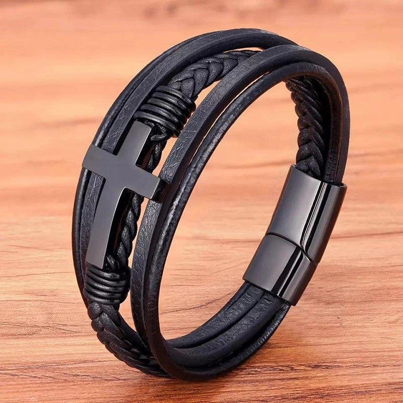 Cross Style Multi-Layer Leather Bracelet