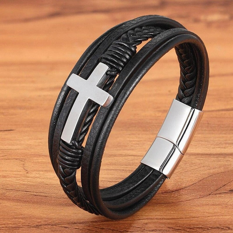 Cross Style Multi-Layer Leather Bracelet