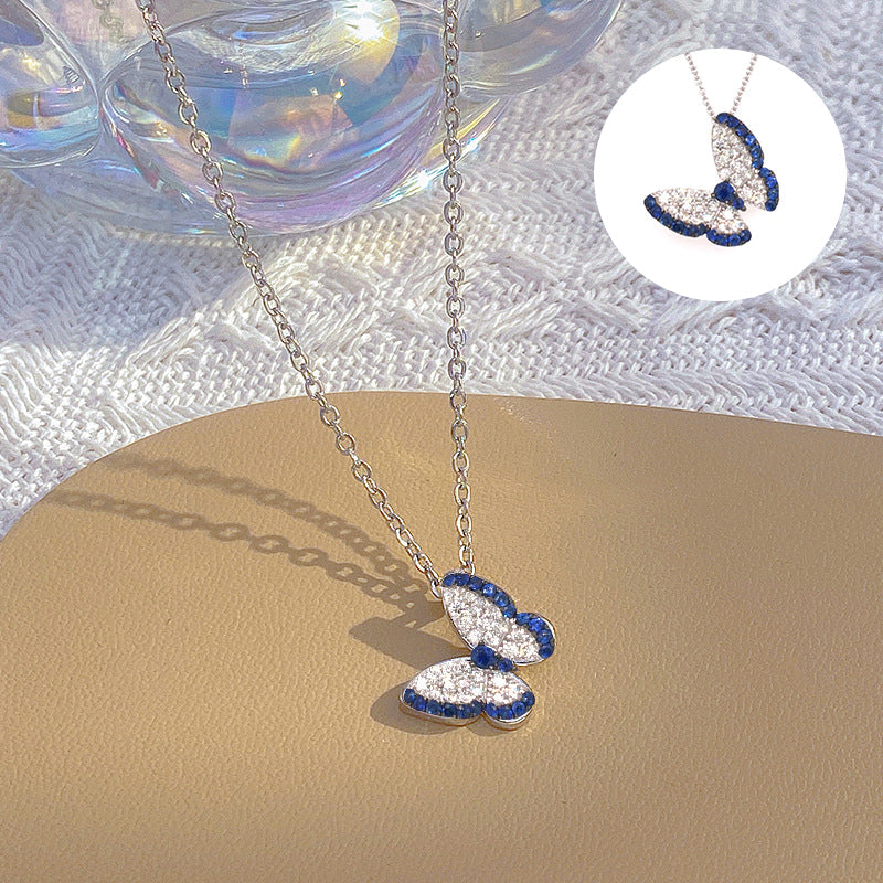 Butterfly Design Round Cut Blue Pendant Necklace