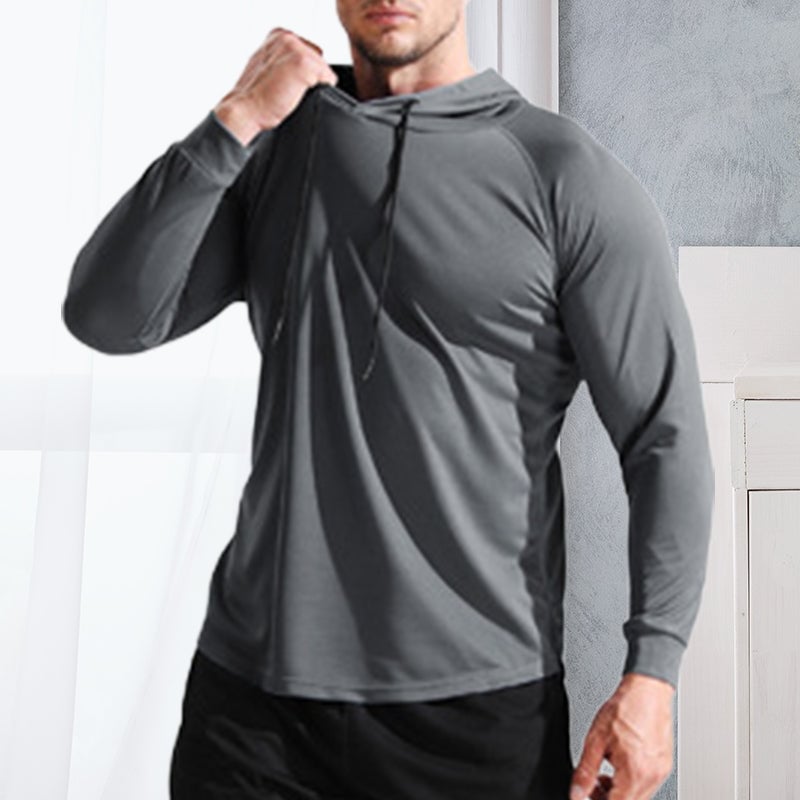 Men's Solid Long Sleeve Drawstring Hoodie Tee