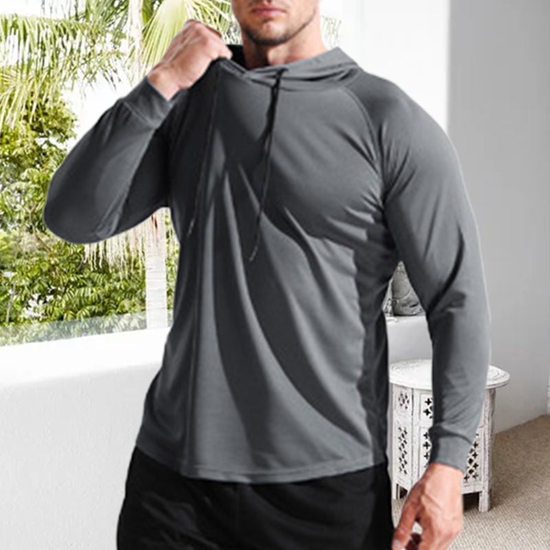 Men's Solid Long Sleeve Drawstring Hoodie Tee