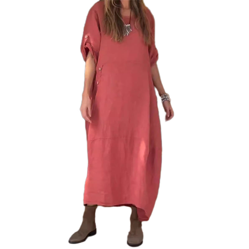 Women's Cotton And Linen Side Button Dress