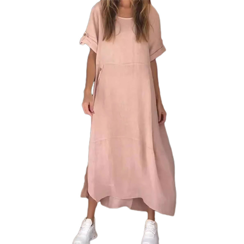 Women's Cotton And Linen Side Button Dress