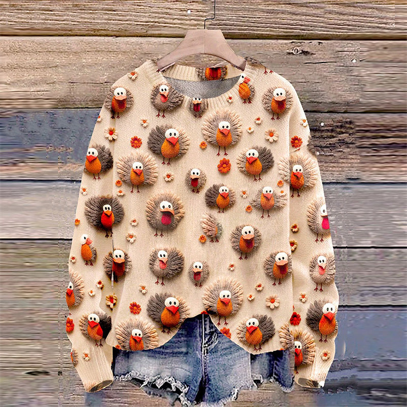 Christmas Cute Little Turkeys Print Knit Pullover Sweater