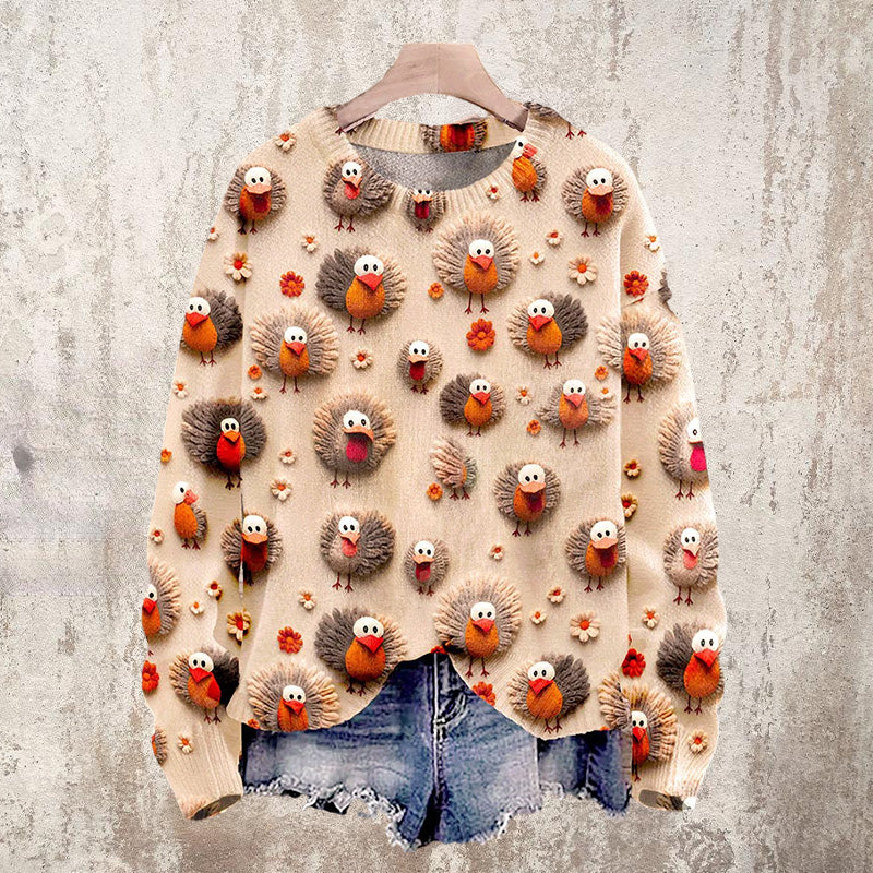 Christmas Cute Little Turkeys Print Knit Pullover Sweater
