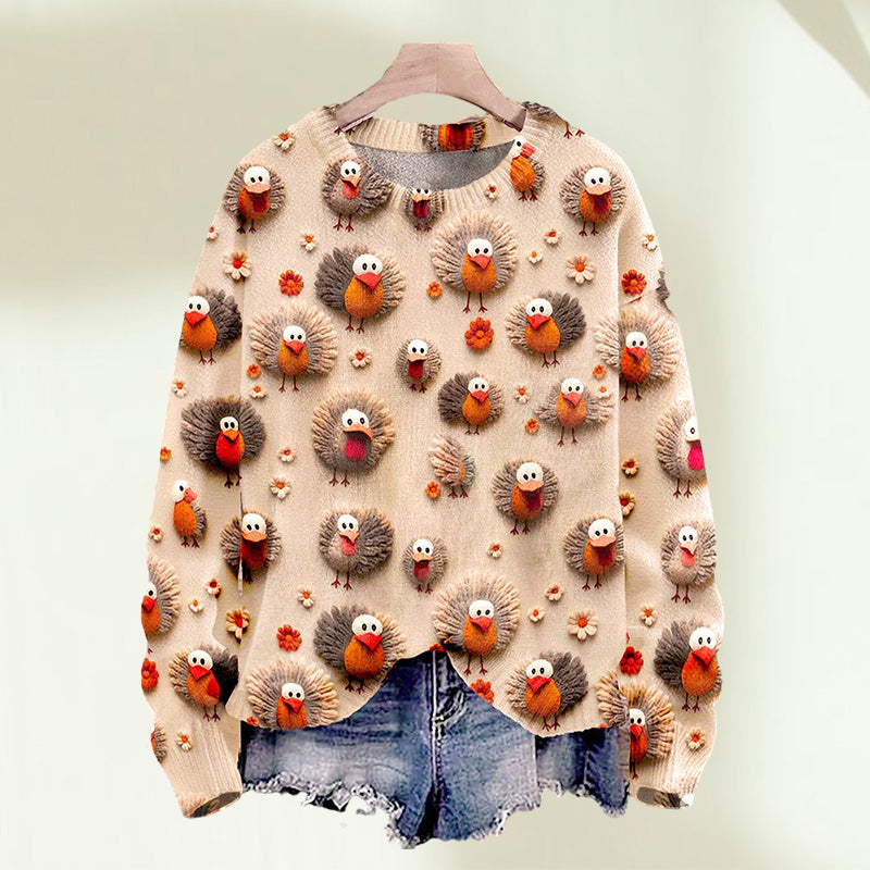 Christmas Cute Little Turkeys Print Knit Pullover Sweater