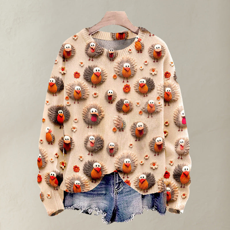 Christmas Cute Little Turkeys Print Knit Pullover Sweater