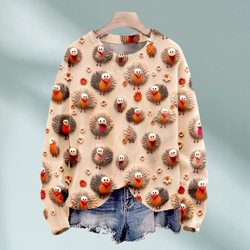 Christmas Cute Little Turkeys Print Knit Pullover Sweater