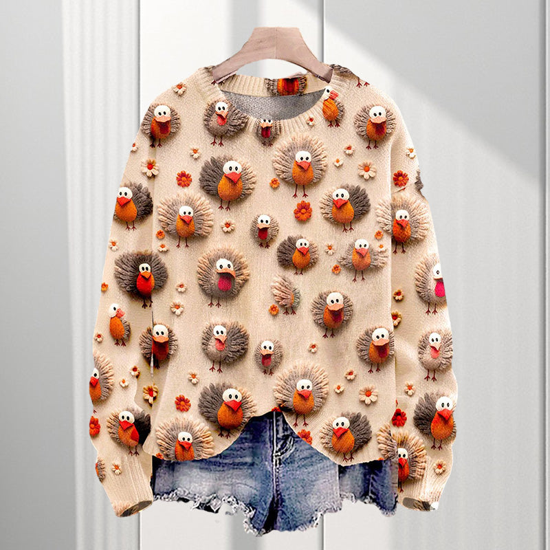 Christmas Cute Little Turkeys Print Knit Pullover Sweater