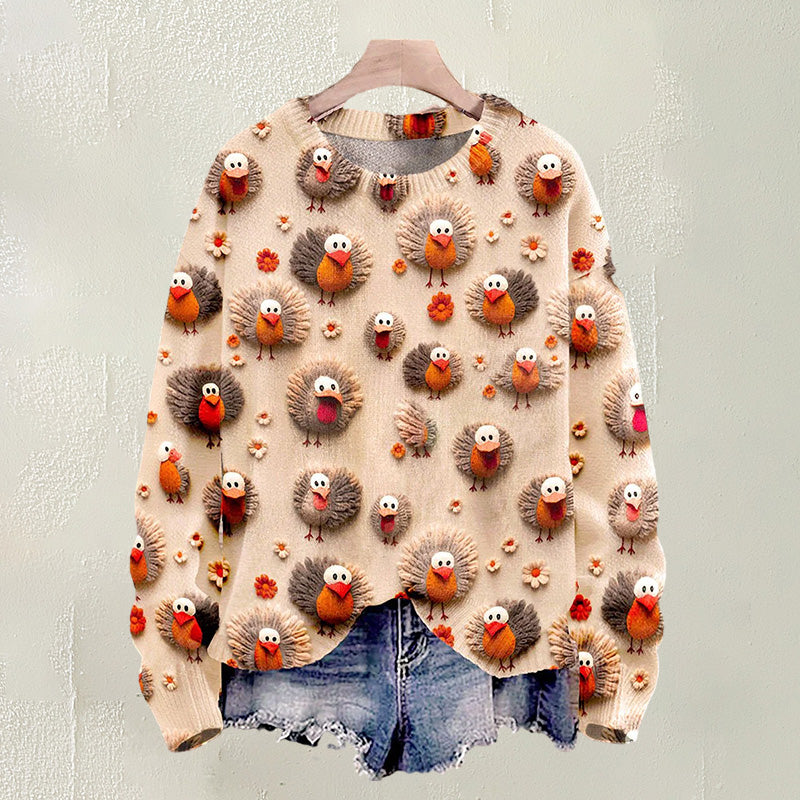 Christmas Cute Little Turkeys Print Knit Pullover Sweater